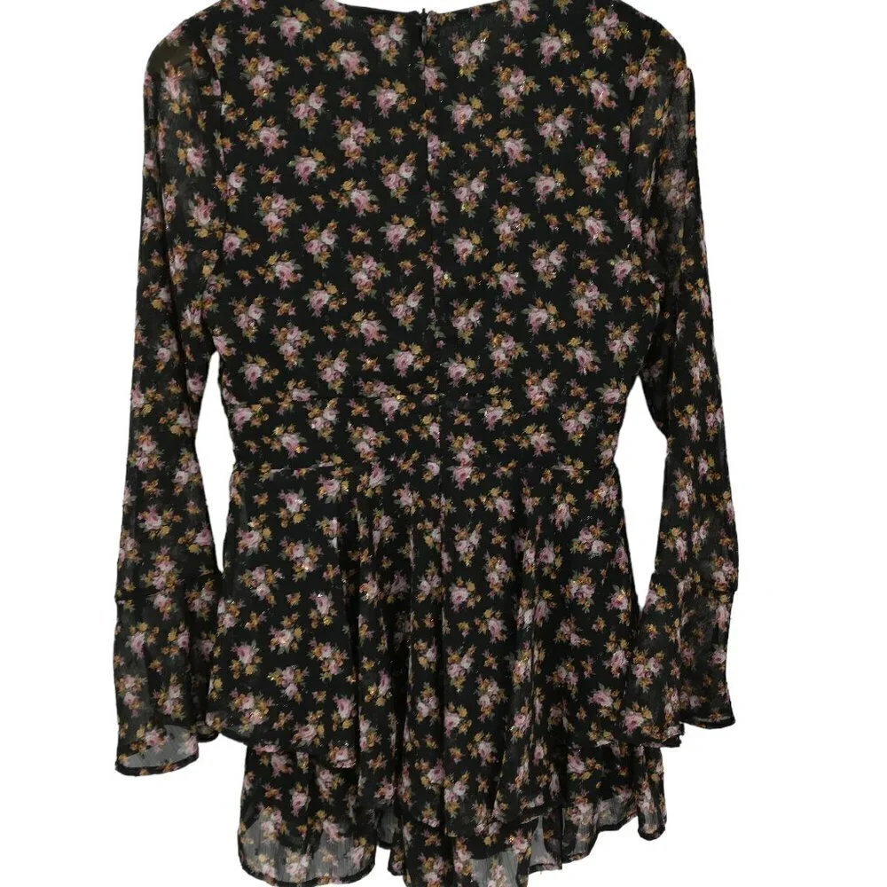 Altar'd State Floral Sheer Shorts Romper Size M Metallic Ruffle Bell Sleeve